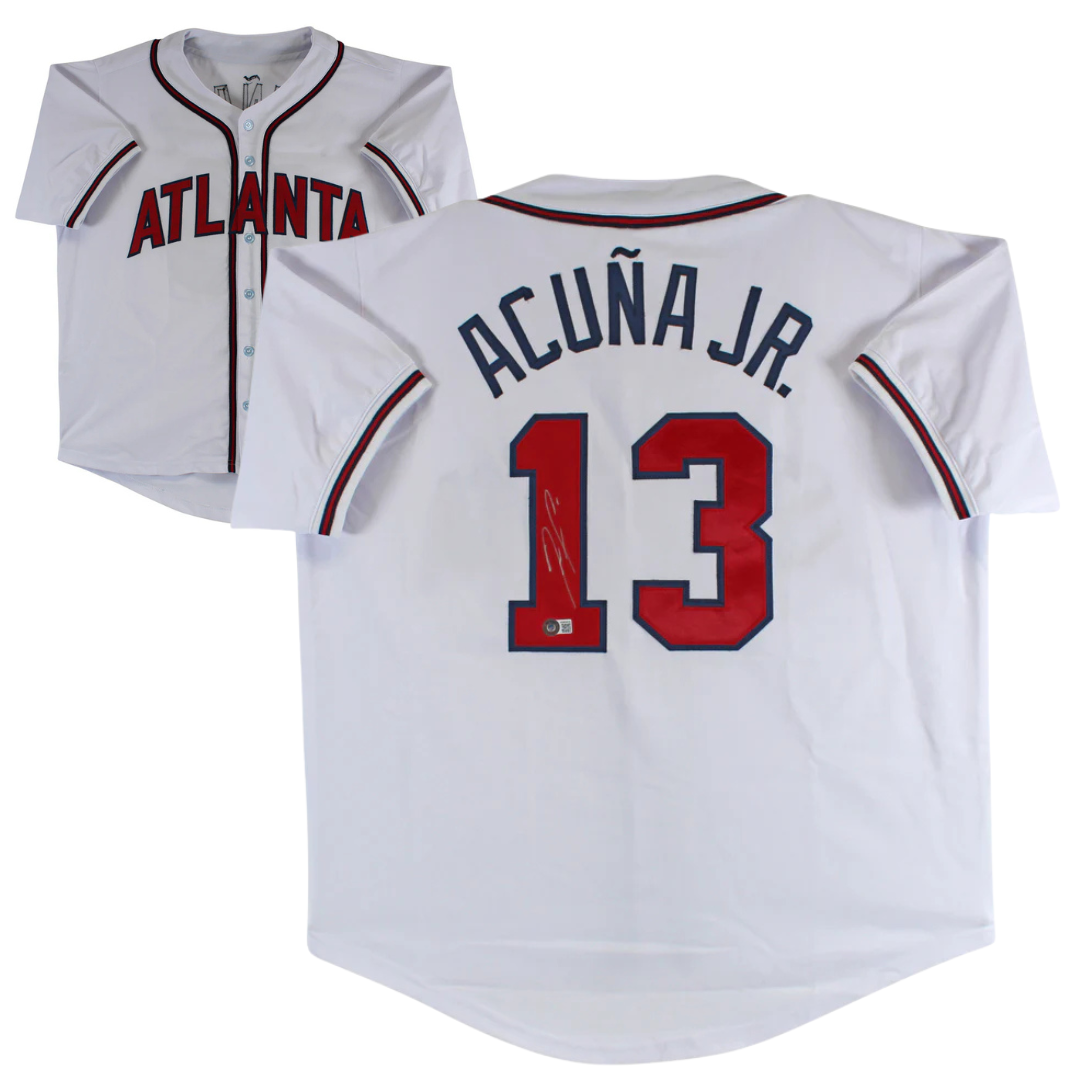 Ronald Acuna Jr Signed White Pro Style Baseball Jersey with Beckett Witness